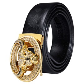 YOHOWA Men Gold Belt,Cow Buckle Automatic Ratchet Black Waist Belt Designer Jeans/Cowboy Gift