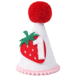 WAWUO - Sombrero de fresa para niña de primer cumpleaños, decoración de fiesta de primer cumpleaños de fresa, baya dulce cumpleaños, dulce traje de un cumpleaños, sombrero de fresa rosa