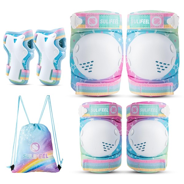 SULIFEEL Rainbow Unicorn Knee Pads for Kids Knee Elbow Pads Wrist Guards with Drawstring Bag Adjustable Protective Gear Set for Girls Boys Roller Skating Bike Scooter Gradient Colors Small