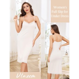 Vlazom Petticoats for Under Dress, Long Lace Women's Full Slips Soft Modal Nighties Basic Underskirt for Dresses with Adjustable Straps White,M