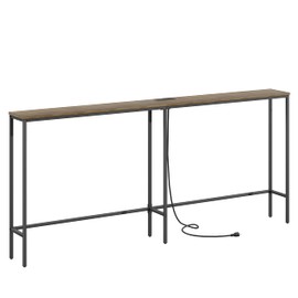 Masupu 70.9 Inch Console Table with Power Outlet,Modern Narrow Long Sofa Table Behind Couch,Skinny Entry Table with Black Metal Frame for Entryway,Living Room, Hallway,Walnut Brown