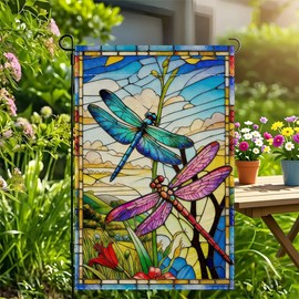 ALEXMACLIST Dragonfly Stained Glass Garden Flag 12x18 Inch Double-Sided Decorative Outdoor Flag for Spring and Summer, Vibrant Yard Decoration for Lawn, Garden, Patio, and Home(Flag Only)