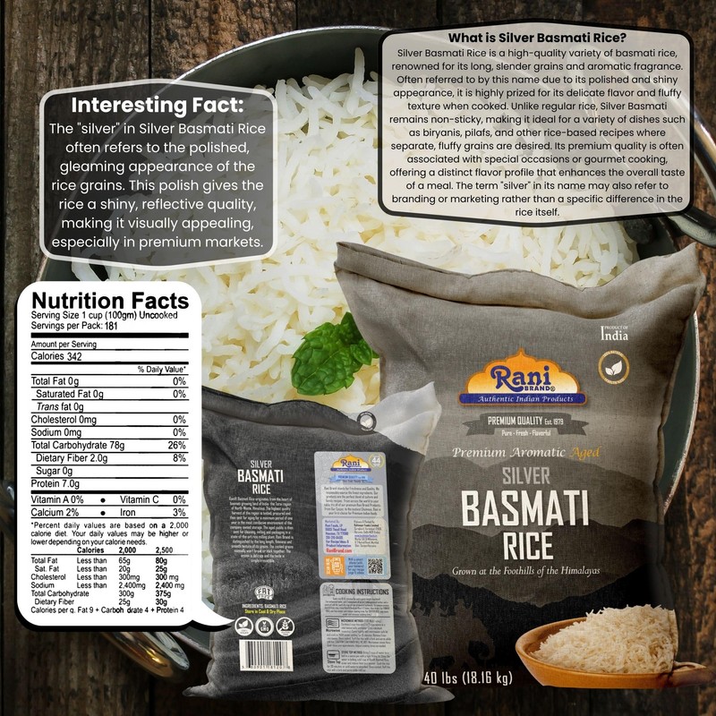 Rani Silver White Basmati Rice Extra Long Aged 40-Pound Bag,