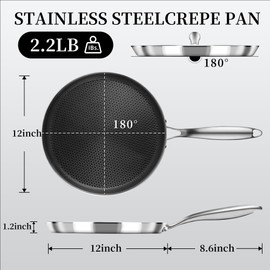 Innerwell Nonstick Crepe Pan 12 inch Stainless Steel Crepe Pan Honeycomb Coating Flat Skillet Tawa Dosa Tortilla Pan,Omelet Pan with All Stove Tops Available, Induction Compatible