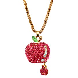 Uloveido Women Hot Pink Bling Crystal Rhinestone 3D Apple Pendant Sweater Chain Long Necklace Christmas Decoration Presents Ideas for Women YS856