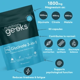 Nutrition Geeks Magnesium Glycinate 3-in-1 Complex - 1800mg Supplements as Bisglycinate, Citrate & Malate 90 Vegan Capsules, UK Made