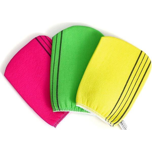 Bastex Exfoliating Bath Washcloth. Genuine Korean Towel Cloth Used for Exfoliating. Exfoliator Scrub Mitten for Bath and Shower Use - 3 Pieces (6.7 inch x 5.2 inch). Comes in Yellow, Pink and Green