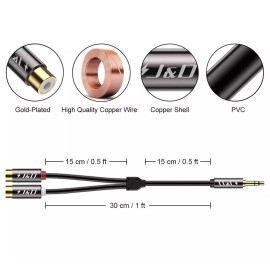 J&D 3.5mm to 2 RCA Audio Adapter Cable Gold Plated Heavy Duty 1 Foot