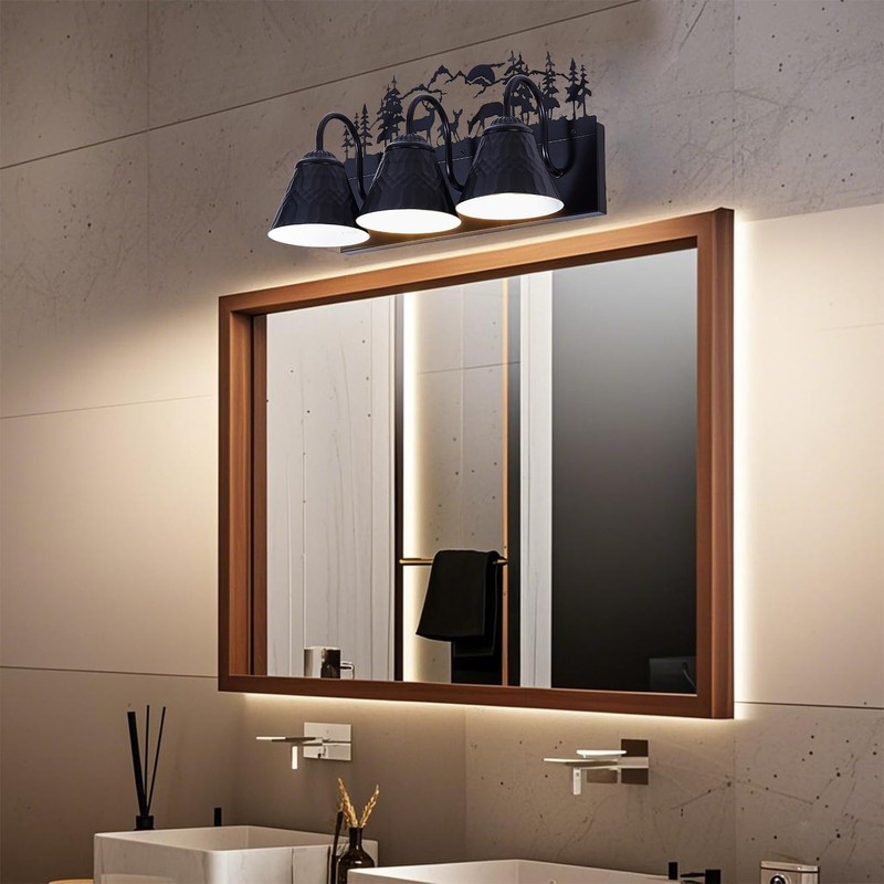 Rustic 3-Light Black Vanity Light Fixtures with Deer Design, E12