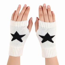 yolrdiw Women's Therian Star Fingerless Gloves Wrist Length Knitted Mitten for Y2K Emo Grunge Punk Goth Accessories, White, One Size