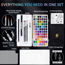 TBC The Best Crafts 84 Colors Watercolor Paint Set (50 Regular Colors/20 Pearlescent Metallic Colors/7 Neon Colors/7 Pastel Colors)-For Kids, Students and Artists, Amateur,Beginner.Set includes Coloring Sheets, Black Dual Tip Acrylic Paint Markers, Storage Bag