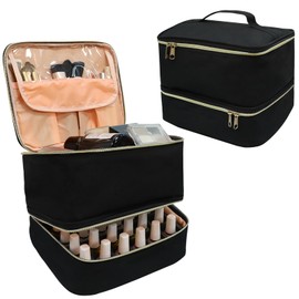 LIVEBAY Nail Polish Organizer Bag, Double-Layer Nail Supplies Makeup Organizer Bag - Holds 30 Bottles & Nail Lamp, Professional Nail Kit Storage Carrying Case (Black)