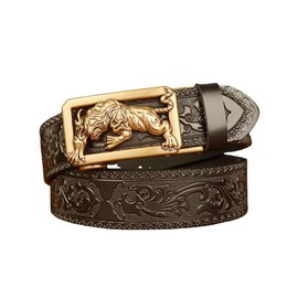 xichuangyuXCY Men's Ratchet Belt Classic Style Retro Dragon Ratchet Buckle Men's Leather Belt Carved Belt Casual Business Belt, Black Flower Pattern Tiger 1, M