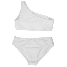 DUSISHIDAN Girls Solid Color One Shoulder Bikini, White, 10-12