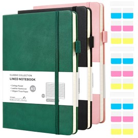 A5 Lined Journal Notebook, 3 Pack College Ruled Notebook for Work, Women & Men, Leather Journal with Pockets & Pen Loop, Hardcover Notebooks for Writing, Office School, 160 Pages, 100GSM Thick Paper (Pink, Black, Green)