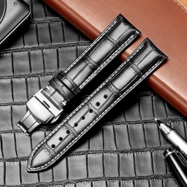 MUENShop Watch Strap with Folding Clasp Leather Quick Release Genuine Leather Strap for 18 mm - 24 mm Black Brown Blue Green Calfskin Replacement for Men / Women, Black and white., Classic