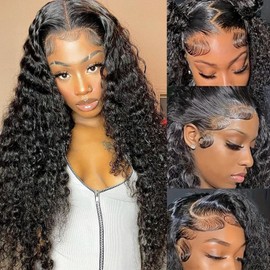 JFOOHD Water Wave Lace Front Wigs Human Hair 13x4 HD Transparent Lace Frontal Wigs Human Hair Pre Plucked 180% Density Water Wave Wig for Black Women Natural Color 32 Inch