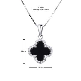18k White Gold Plated 925 Sterling Silver Black Clover Necklace Pendant and Stud Earring Matching Set for Women with Onyx and Cubic Zirconia Crystal Includes Adjustable 16 - 18 Inch Italian Chain and Gift Box