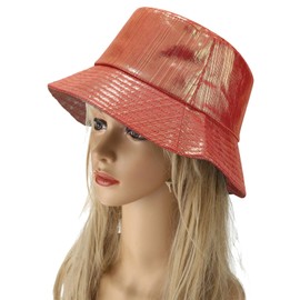 IHAUIUE PU Leather Metallic Bucket Hat Trendy Solid Color Fishing Cap Reversible Packable Sun Hats for Women, Men, Laser Red