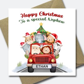 Personalised Christmas cards for Nephew - Santa Car Safari Xmas Card - Custom any name.