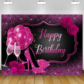 Pink Happy Birthday Backdrop for Women Glitter Heels Champagne Birthday Background for Party Shining Rose Birthday Photography Background for Women Sweet Girls Birthday Party Decoration Banner 7x5Ft