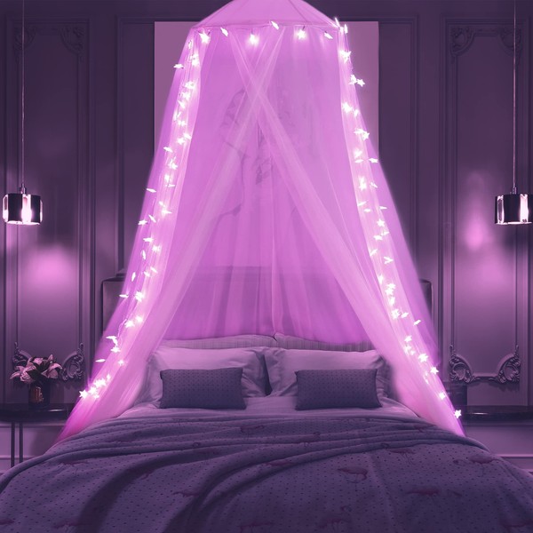 Pink Bed Canopy with 100 LED Star Lights, Princess Elegant