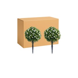 MilleLoom 2 FT Artificial Topiary Flower Ball Trees with Ground Spike, Set of 2 Fake Boxwood Flowers Shrubs with Stake for Outdoor, White