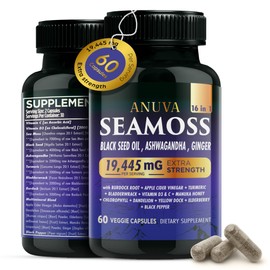 Anuva 16-in-1 Sea Moss Capsules | Black Seed Oil, Ashwagandha, with Vitamin C, D3, Turmeric, Burdock, Bladderwrack & Multi-Minerals | Immune, Skin, Joint & Energy Support | 60 Veggie Capsules