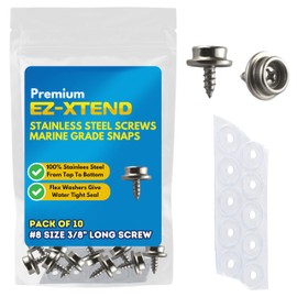 EZ-Xtend Stainless Steel Screws Marine Grade 3/8" #8 Boat Cover Snaps. Premium Snap Button Kit Includes 10 pcs of Screw in Snap Fasteners, 10 Flexible Clear PVC Vinyl Backing Washers Fastener Hardware