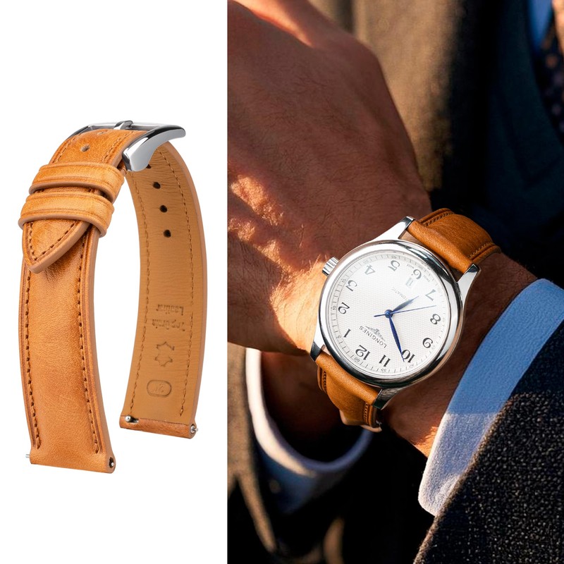 Gomvadr Quick Release Leather Watch Band, Tan/Silver Buckle, 22mm