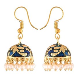 I Jewels Womens 18K Gold Plated Indian Bollywood Faux Pearl Enamelled Jhumki Designer Party Wear Earrings (E2547Bl) Blue