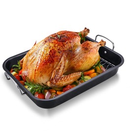 HONGBAKE Small Roasting Pan with Flat Rack for 15 Lb Turkey, 16 X 11.5 Inch Nonstick Chicken Roaster Tray for Oven, Baking Pans for Cooking Lasagna with Stainless Steel Handles
