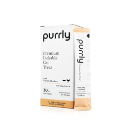 Purrly Cat Treat Topper Lickable Wet Squeezable Healthy Human-Grade Tuna & Chicken Breast with Prebiotic and Dietary Fiber for Indoor Cats (30 Count) Grain-Free Non-GMO No-Preservatives