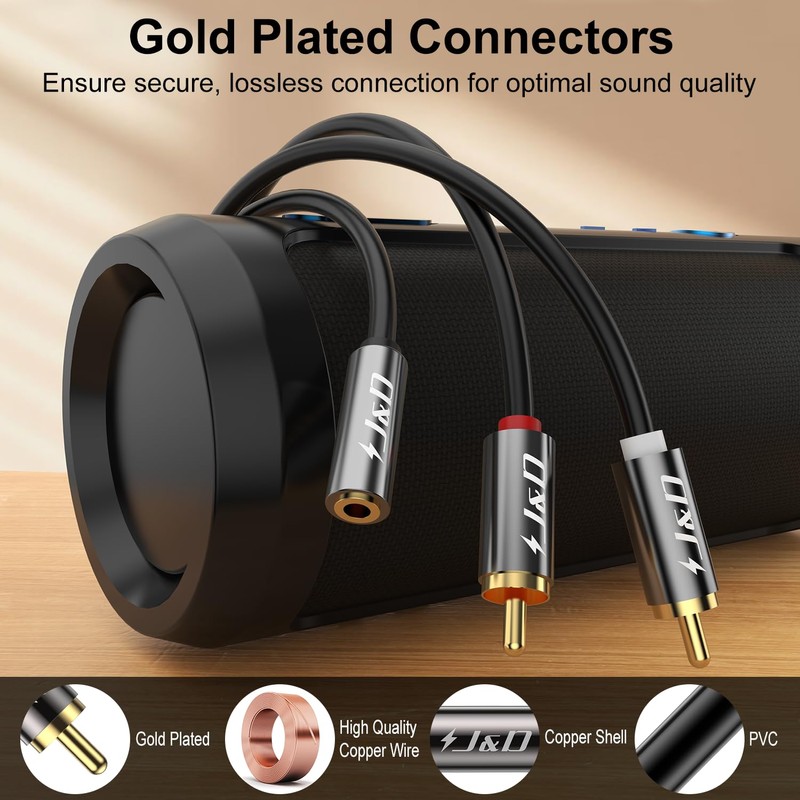 J&D 3.5mm to RCA Stereo Audio Adapter Cable, Gold Plated,