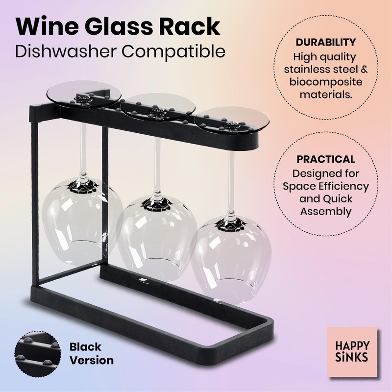 HAPPY SINKS Dishwasher Wine Glass Rack - Black, 3-Tier, Stainless