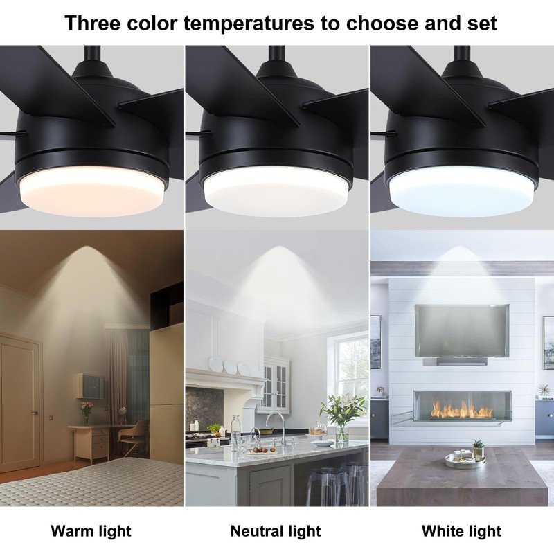 YUHAO 44 inch Black Ceiling Fan with Lights and Remote