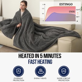 ESTINGO Heated Throw Blanket, Electric Blanket Throw with 5 Heating Levels & 4 Hours Auto Off, Double Sided Super Soft Sherpa Fast Heating Blanket with ETL Certified for Bedding, 50"x60", Dark Gray