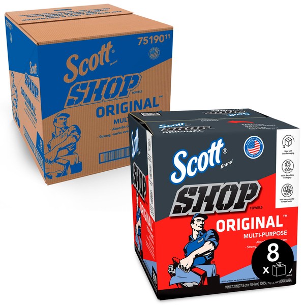 Scott® Shop Towels Original (75190), Blue, Pop-Up Dispenser Box (200 Towels/Box, 8 Boxes/Case, 1,600 Towels/Case)