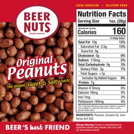 BEER NUTS Original Peanuts - Travel Size Sweet & Salty Bar Nuts - Gluten Free, Kosher, Low Sodium Peanut Snacks Made In The USA - 12oz Resealable Can (Pack of 1)