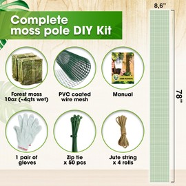 DUSPRO DIY Moss Pole Kit, Metal Moss Pole for Plant Monstera, Pothos, Philodendron, 1pc 8.6’’ x 6.5 ft Wire Moss Pole Mesh with Forest Moss, Cable Zip Ties, Gloves