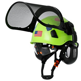 Green Chainsaw Helmet with Face Shield and Ear Muffs Visor-Vented Arborist Helmet with Hearing Protection & Mesh Full Face Mask,ANSI OSHA Approved Forestry Helmet with Safety Googles Ear Protection