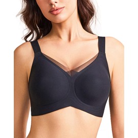 V Neck Lace No Show Wireless Bra Full Coverage Supportive Bra Comfortable Seamless T Shirt Bras for Women Black M