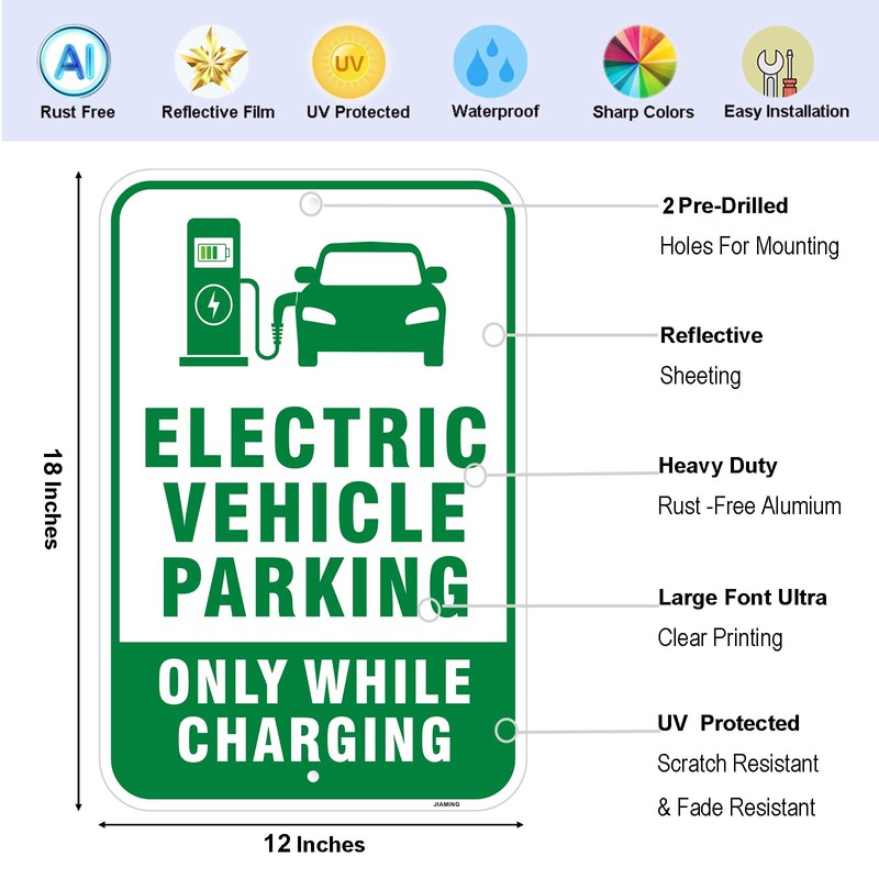 4 Pack 18x12 Inch Reflective Aluminum EV Charging Only Parking