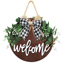 Welcome Sign for Front Door, Front Door Decor for Farmhouse Porch Decorations, Rustic Welcome Wreaths Sign with Stapled Greenery, Round Wooden Hanging Sign Housewarming Gift for Home Outdoor Indoor