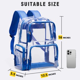Vorspack - Mochila transparente resistente con múltiples bolsillos para la universidad, trabajo, seguridad y viajes, Azul, Large, Transparente