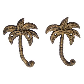 Palm Tree Cast Iron Wall Hooks, Wall Mounted for Hanging Coats, Purses, Towels, Hats, Beach Themed Wall Décor, Set of 2, 6.5 Inches High (Gold Toned)
