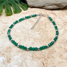 Plus Size Teal Green Glass Bead Anklet with Silver Beads, Handmade Cute Summer Boho Design : Large - XXL 11-13 inches, 4mm Shimmery Faceted Beads