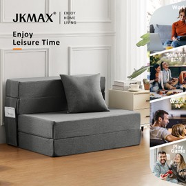 JKMAX Single Size Folding Lazy Sofa Bed - Convertible Floor sofa with Two Large Pockets Lounge Chaise - Memory Foam Floor mattress Foldable for Living Room/Dorm/Guest/Home Office/Apartment (Dark Grey)