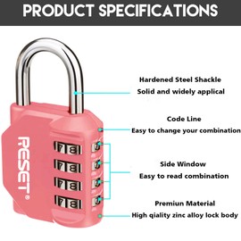 RESET-060 4 Digit Combination Lock,Outdoor Padlock,Indoor Padlock for School Gym Sports Locker Fence Toolbox Gate Suitcase Hasp Pink