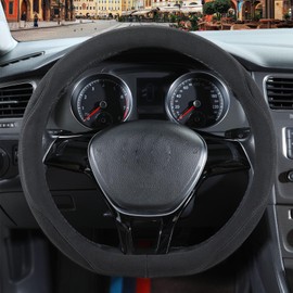 Binsheo Black Suede D Shaped Steering Wheel Cover, Breathable Non-Slip Sweat-Proof Wear-Resistant No Pilling, Warm in Winter and Cool in Summer, Universal 15 inch